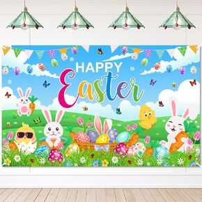 Avezano Happy Easter Banner Happy Easter Photography Background for Easter Party Decorations Rabbit Colorful Eggs and Chick Sign Green Grass Yard Easter Day Banner 70.8 x 43.3 Inch