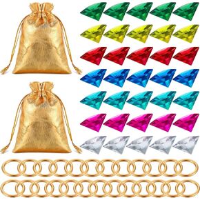 Chalyna 60 Pcs Acrylic Diamond Gem Jewelry Alloy Gold Round Ring Set Halloween Party Favor Pirate Treasure Hunting Cake Decor with Gift Bag for Birthday (Bright Style)