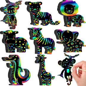 RoundFunny 80 Pcs Jungle Safari Animal Scratch Cards Party Favors Colorful Wild Scratch Painting Paper for Kids DIY Art Craft Kit with 80 Pcs Stick and Ribbon for Birthday Party Ornaments
