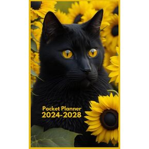 2024-2028 Pocket Calendar: Cute black cat with sunflower Cover|60 Months Agenda Planner|5 Years (Years 2024,2025,2026,2027,2028 / January 2024-December 2028)