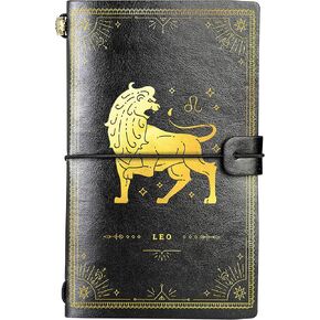 InnoBeta Leo Gifts Zodiac Signs Symbols, Leather Journal Notebook, for Men, Women, Birthday, Refillable Sketchbook, Travel Diary, Lined Planner, 7x5 Inches, Black
