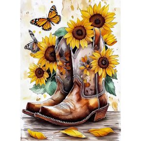 Lxmsja Boot Diamond Art Kits for Adults, Sunflower Flowers DIY Full Drill Diamond Painting Kits for Beginners, 5D Gem Art Crafts for Adults, Home Wall Decor 12x16 inch