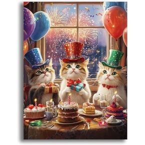 Yomiie 5D Cat Celebration Diamond Painting Kits for Adults, Paint with Diamonds Art Party DIY Full Round Drill Kits, Embroidery Rhinestone Diamond Crystal Craft Canvas Home Wall Decor 30x40 cm