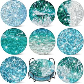 8 PCS Diamond Art Painting Coasters مع حامل ، DIY Ocean Diamond Art Coasters مجموعات الطلاء الفنية الماس للبالغين لوازم الحرف المبتدئين
