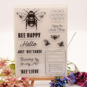 Big Bee Happy Honeycomb Pattern Silicone Clear Stamps Cards Sentiments Label Frame Transparent Seal Clear Stamps for Holiday Card Making Decoration and DIY Scrapbooking Album DIY Crafts