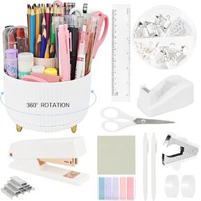 Pink Office Desk Accessories, 15pcs Office Supplies 360°Pen Holder Desk Organizers and Accessories with Pink Stapler and Tape Dispenser Set, Cute Desk Accessories for Women Gift Set