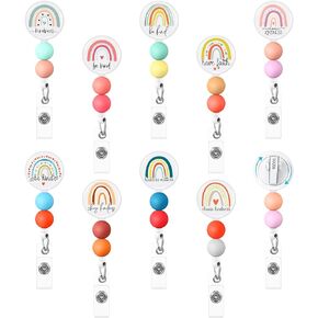 Perkoop 9 pcs تكون بكرات شارة طيبة قابلة للسحب مع حبات السيليكون المخرمة ، 360 مقطع دوار لطيف بادج قوس قزح بكرات الحامل مقاطع علامة العلامة للممرضات للممرضات هدايا مكتب المعلم