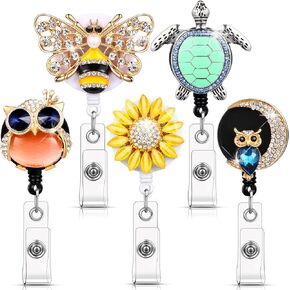 Outus 5 Pieces Crystal Badge Reels Retractable Rhinestone Holder ID Name Cute Badge Reels with Alligator Swivel Clip for Teacher Worker Nurse Doctor Volunteer Office Gift