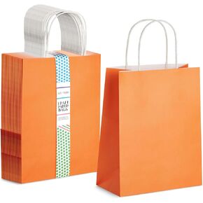 BLUE PANDA 25-Pack Orange Gift Bags with Handles - Medium Size Paper Bags for Birthday, Wedding, Retail (8x3.9x10 In)