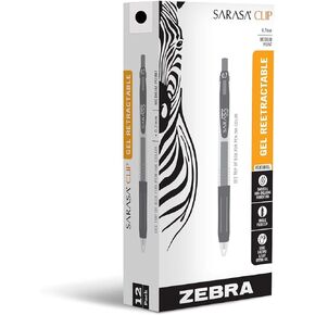 Zebra Pen Sarasa Clip Retractable Gel Pen, Medium Point, 0.7mm, Black Ink, 12-Pack