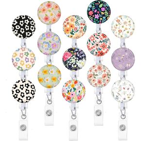 15 Pcs Flowers Badge Reels Holder Retractable with ID Clip for Nurse Name Tag Card Nursing for Doctor Teacher Student Employee Office Medical Work