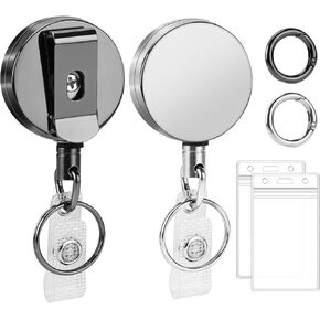 2 Pack Heavy Duty Retractable Badge Reels Metal Retractable Badge Holder with Carabiner, Keychain, Belt Clip and Vertical ID Card Holders 27.5" Steel Cord, Black & Silver