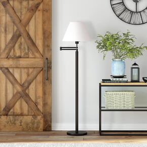 Moby Swing Arm Floor Lamp with Fabric Empire Shade in Brass/White