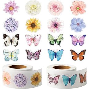 Assorted Butterfly Flower Sticker Rolls - 1000pcs (2 Rolls) 16 Design Colorful Butterfly Giftwrap Decals Gift Tags Label Decorative Flowers Giftwrap Stickers Party Favor Kids Scrapbook