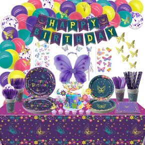 249 Pcs Movie Butterfly Birthday Decorations - Plates, Tablecloth, Balloons, Banner, Temporary Tattoos, Butterfly Stickers, Tableware, Cups, Butterfly Wing Set for Magic Party Supplies