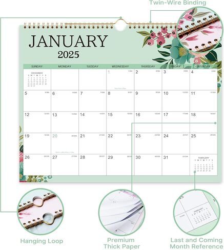 2024-2025 Wall Calendar - Calendar 2024-2025, 15"x 11.5", Jul. 2024 - Dec. 2025, Hanging Hook, Holidays and Blocks - Perfect for Office & Home in Kuwait