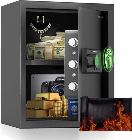 Smart Home Safe 1.5 Cub Biometric Safe Box, Quick-Access with Fingerprint Recognition, Keys, Digital Keyboard, & Type-C Port, Fireproof w/Removable Shelf & Alarm System, Bright LED, Silent Mode in Saudi Arabia