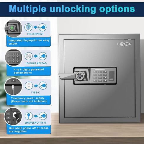 Smart Home Safe 1.5 Cub Biometric Safe Box, Quick-Access with Fingerprint Recognition, Keys, Digital Keyboard, & Type-C Port, Fireproof w/Removable Shelf & Alarm System, Bright LED, Silent Mode in Saudi Arabia