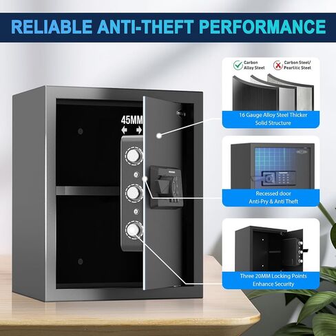 Smart Home Safe 1.5 Cub Biometric Safe Box, Quick-Access with Fingerprint Recognition, Keys, Digital Keyboard, & Type-C Port, Fireproof w/Removable Shelf & Alarm System, Bright LED, Silent Mode in Saudi Arabia