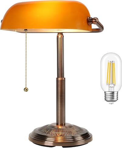 Bankers Desk Lamp, Amber Retro Lamp, Vintage Lamp with Pull Chain Switch for Home Office, LED Bulb Included (Copper+Amber) in Saudi Arabia