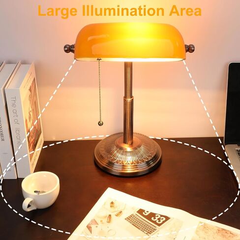 Bankers Desk Lamp, Amber Retro Lamp, Vintage Lamp with Pull Chain Switch for Home Office, LED Bulb Included (Copper+Amber) in Saudi Arabia