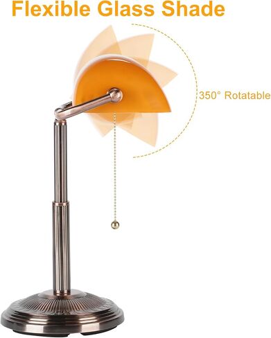 Bankers Desk Lamp, Amber Retro Lamp, Vintage Lamp with Pull Chain Switch for Home Office, LED Bulb Included (Copper+Amber) in Saudi Arabia