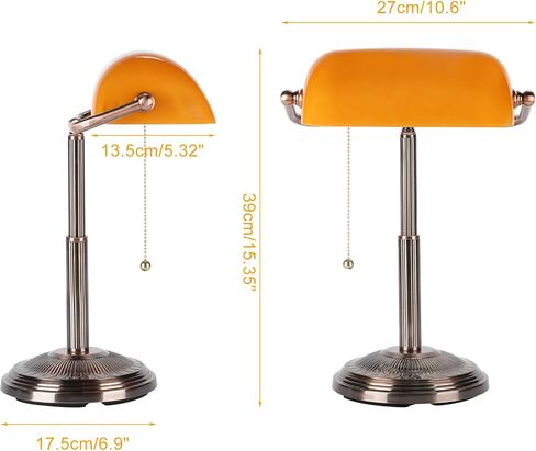 Bankers Desk Lamp, Amber Retro Lamp, Vintage Lamp with Pull Chain Switch for Home Office, LED Bulb Included (Copper+Amber) in Saudi Arabia