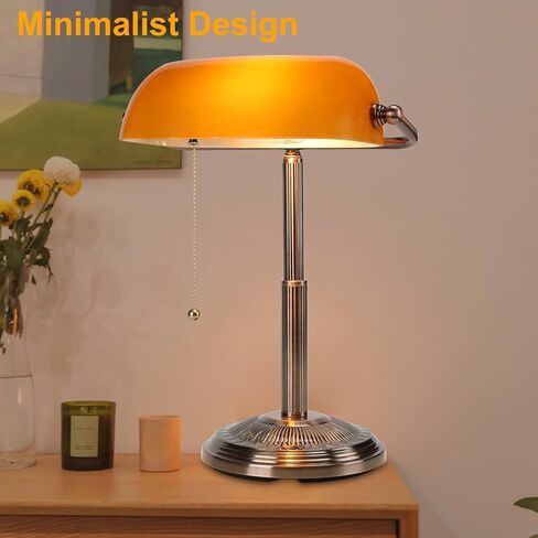 Bankers Desk Lamp, Amber Retro Lamp, Vintage Lamp with Pull Chain Switch for Home Office, LED Bulb Included (Copper+Amber) in Saudi Arabia