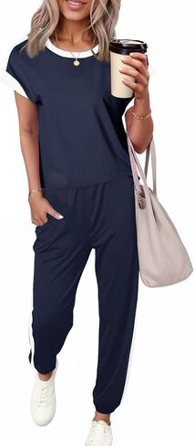 Dokotoo ملابس نسائية مكونة من قطعتين بدلة رياضية Colorblock مريحة مجموعات صالة متماسكة قصيرة الأكمام Jogger Sweatpants رياضية in Saudi Arabia