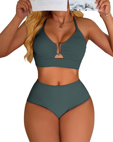 Charmo Push up Ribbed High Rise Bikini Sets Women Large Bust Longline Modest Bikini Swimsuits 2 Piece in Kuwait