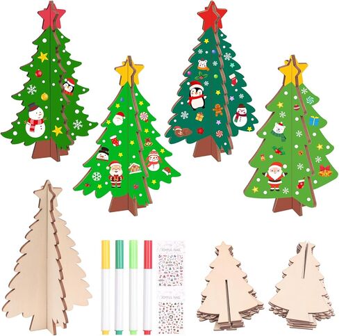 24 Set 3D Christmas Tree Wooden Craft to Paint Make Your Christmas DIY Wooden Cutouts with Decorate Tools Unfinished Xmas Holiday Wooden Slices for Tiered Tray Decor Tabletop Decor Party Decoration in Saudi Arabia