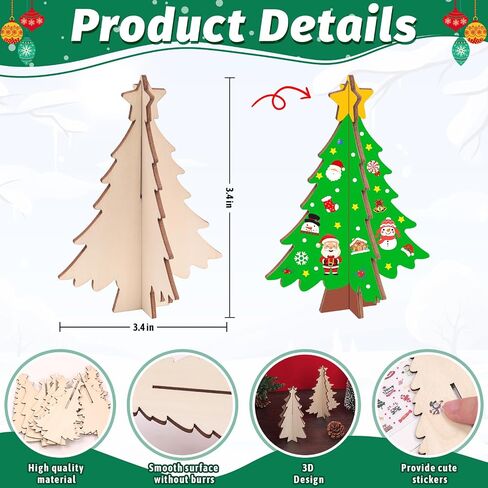 24 Set 3D Christmas Tree Wooden Craft to Paint Make Your Christmas DIY Wooden Cutouts with Decorate Tools Unfinished Xmas Holiday Wooden Slices for Tiered Tray Decor Tabletop Decor Party Decoration in Saudi Arabia
