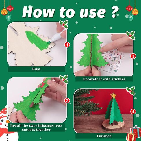 24 Set 3D Christmas Tree Wooden Craft to Paint Make Your Christmas DIY Wooden Cutouts with Decorate Tools Unfinished Xmas Holiday Wooden Slices for Tiered Tray Decor Tabletop Decor Party Decoration in Saudi Arabia