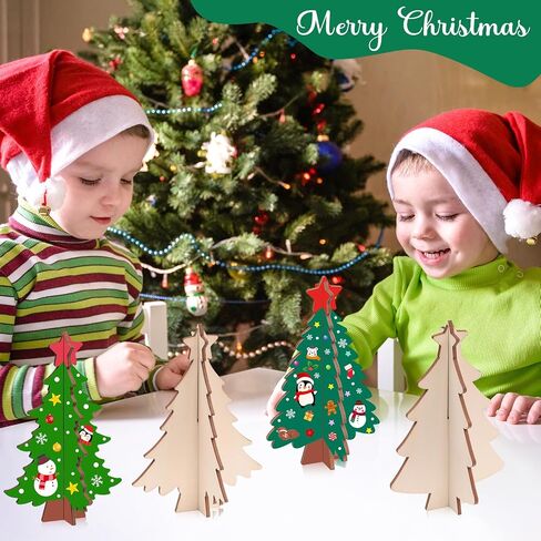 24 Set 3D Christmas Tree Wooden Craft to Paint Make Your Christmas DIY Wooden Cutouts with Decorate Tools Unfinished Xmas Holiday Wooden Slices for Tiered Tray Decor Tabletop Decor Party Decoration in Saudi Arabia