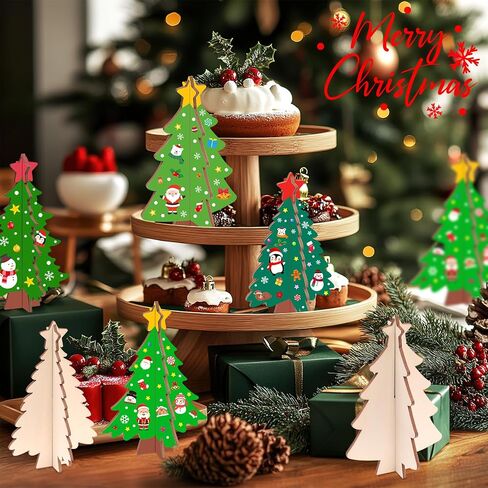 24 Set 3D Christmas Tree Wooden Craft to Paint Make Your Christmas DIY Wooden Cutouts with Decorate Tools Unfinished Xmas Holiday Wooden Slices for Tiered Tray Decor Tabletop Decor Party Decoration in Saudi Arabia