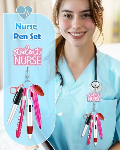 Plifal Student Nurse Pen Set Badge Reel Holder Accessories Clip - Retractable Mini Nursing Ball Pen Permanent Marker Highlighter Light Penlight Small Flashlight Work Student Office Hospital in Saudi Arabia