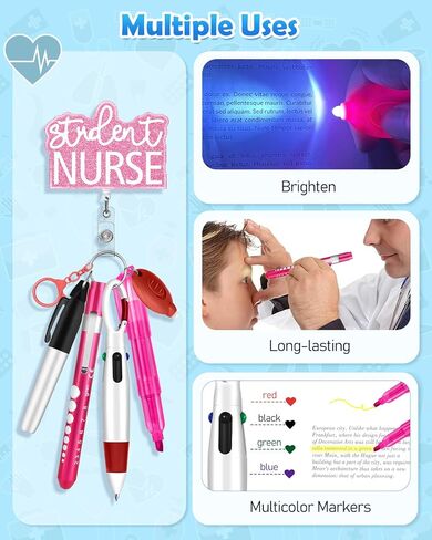 Plifal Student Nurse Pen Set Badge Reel Holder Accessories Clip - Retractable Mini Nursing Ball Pen Permanent Marker Highlighter Light Penlight Small Flashlight Work Student Office Hospital in Saudi Arabia