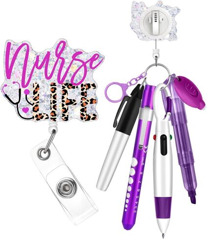 Plifal Student Nurse Pen Set Badge Reel Holder Accessories Clip - Retractable Mini Nursing Ball Pen Permanent Marker Highlighter Light Penlight Small Flashlight Work Student Office Hospital in Saudi Arabia