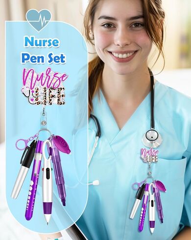 Plifal Student Nurse Pen Set Badge Reel Holder Accessories Clip - Retractable Mini Nursing Ball Pen Permanent Marker Highlighter Light Penlight Small Flashlight Work Student Office Hospital in Saudi Arabia