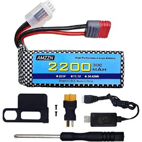 11.1V 2200mAh 30C 3S T-Plug Lipo Battery with USB Charger for MJX H16 H16P H16E H16GT H16BM H16DR H16PL 14301 RC Car, High-Speed Drift Model Toy Car Upgraded Battery (1PCS Battery+1 USB)