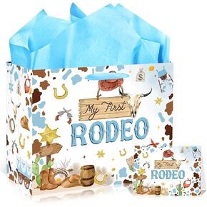 EoBeCy My First Rodeo Birthday Gift Bags, Western Cowboy 1st Birthday Gift Bag with Tissue Paper and Greeting Card, Baby Boy Wrapping Paper for 1 Year Old Birthday Party Supplies