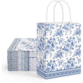 FYSUIMU 16 Pcs Blue Floral Paper Gift Bags Blue White Wild Flower Party Favor Bags with Handle Vintage Chinoiserie Goodie Candy Treat Bags for Wedding Birthday Bridal Shower