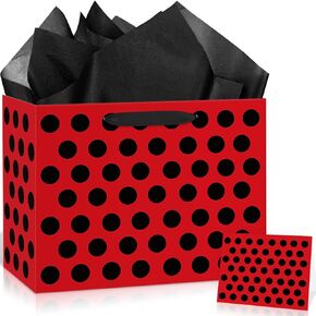 Large Ladybug Party Gift Bag Ladybug Birthday Gift Bag with Tissue Paper and Card Red Black Christmas Gift Wrapping Bag Ladybug Birthday Party Favor Bags Decor for Girl Boy Birthday Christmas Supplies