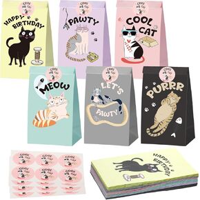 24 PCS Cat Party Favor Pags Cat موضوع هريرة عيد ميلاد الزخارف اللوازمة Kitty Goodie Candy Treat Facs مع ملصقات للأطفال مستلزمات الحيوانات الأليفة ، 8.6 × 4.7 × 3.1 بوصة