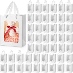 Harloon 48 Pieces Paper Gift Bag with Transparent Window Clear 7.9 x 5.9 x 3.9 Inch Kraft Bags with Handles for Bridal Mothering Birthday Shower Party Supplies(Brown)