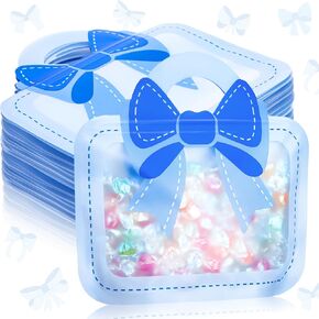 Gilprop 50 Pcs Bow Goodie Bags Plastic Gift Bag with Bow Handle Cute Candy Treat Pack for Birthday Bachelorette Baby Shower Bridal Shower Party, 7.87 x 7.48in(Pink)
