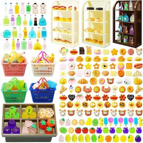 168 Pieces Mini Food Toys Dollhouse Accessories Miniature Supermarket Shelves Furniture Play Grocery Store Mini Shopping Basket