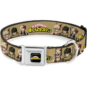 Crunchyroll Pet Collar, Dog Collar Metal Seatbelt Buckle, My Hero Academia Character Trio Pose and Title Logo Tan, 20 to 31 Inches 1.5 Inch Wide