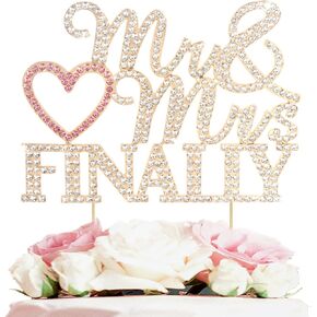 Finally Mr & Mrs Silver & Pink Wedding Rhinestone Cake Topper - Perfect for Bridal Shower Engagement Wedding Party Metal Sparkly Cake Centerpieces Topper Decorations Keepsake.