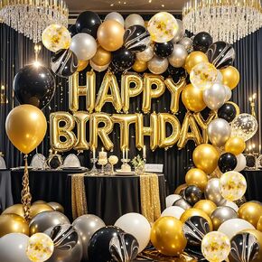 YinQin Black Gold Happy Birthday Party Balloons Set with Filling Pump Black Golden Silver White Happy Birthday Party Supplies Decorations